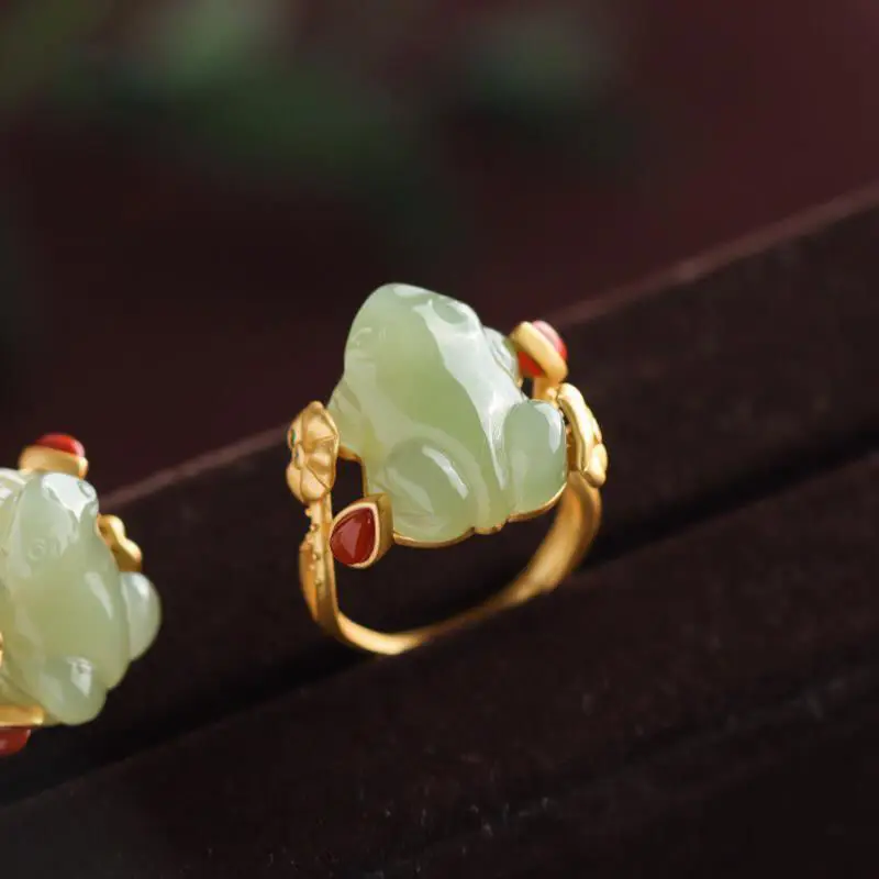 Ring Set Adjustable - Grüne Jade Frosch Ringe Charms Natürliche