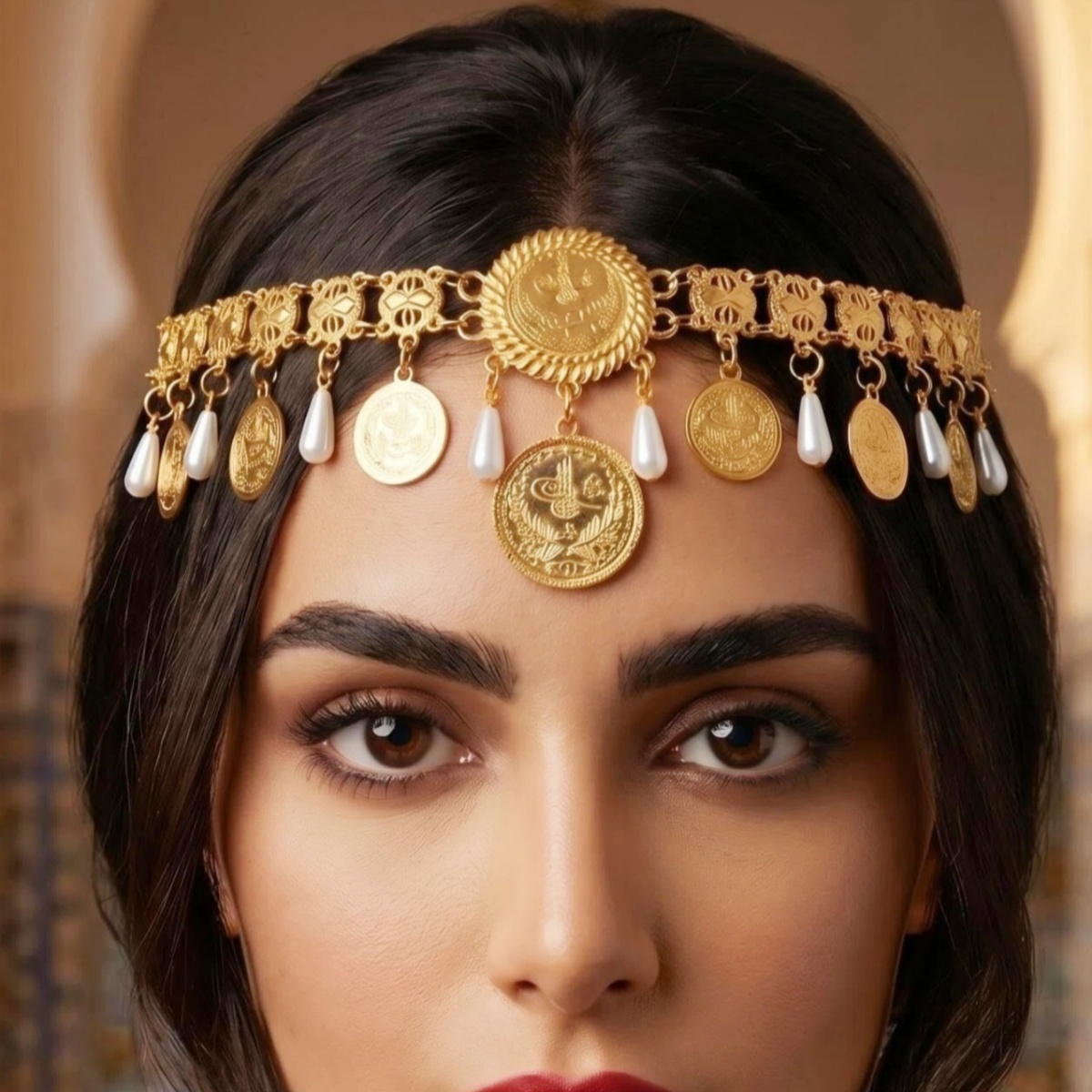 Women'S Egyptian Accessories - Kurdischer Kopfschmuck, ägyptische goldfarbene Metallmünze, Kunstperlen-Quasten-Kopfkette